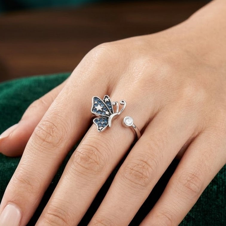 Silver Butterfly Adjustable Ring with Blue Crystals and Star Accents