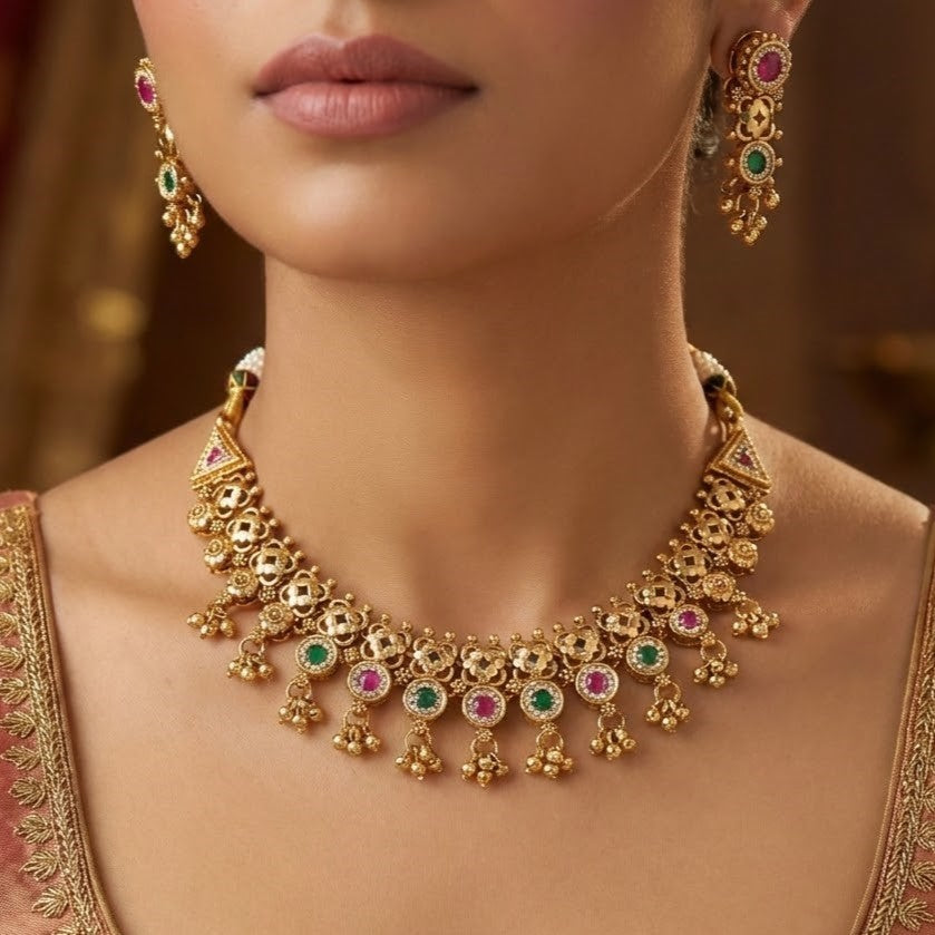 Traditional Gold-Plated Kundan Necklace Set with Pink & Green Accents