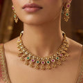 Traditional Gold-Plated Kundan Necklace Set with Pink & Green Accents