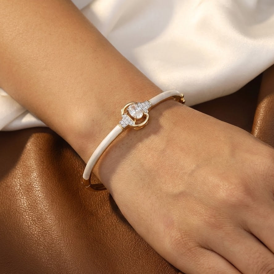 Gold Oval Solitaire Bangle Bracelet with White Inlay