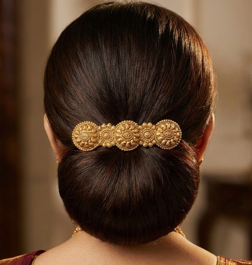 Elegant Textured Bun Clip Traditional Antique Gold Floral Hair Barrette