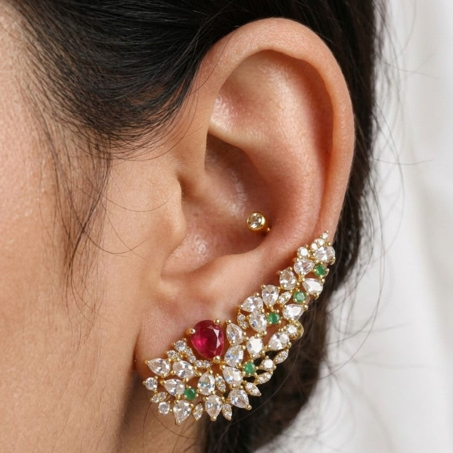 Gold Plated AD Ear Cuffs with Ruby & Emerald Stones
