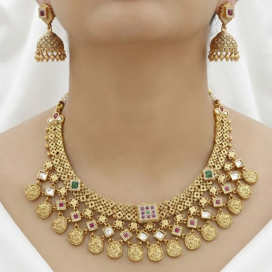 Antique Gold Coin Drop Necklace Set with Jhumkas