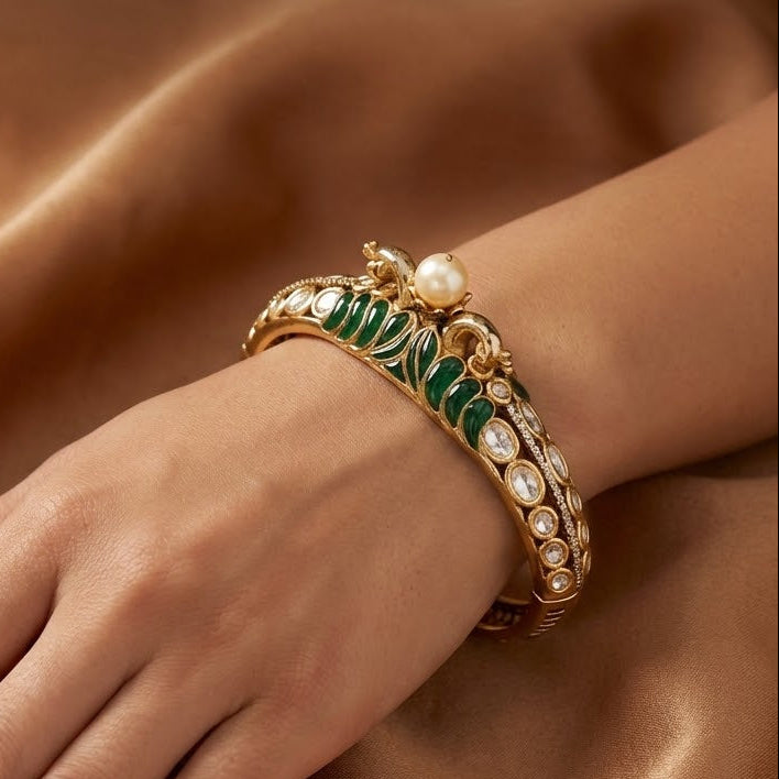 Victorian Polished Vintage Meenakari Kada with Center Pearl & Kundan Inlay