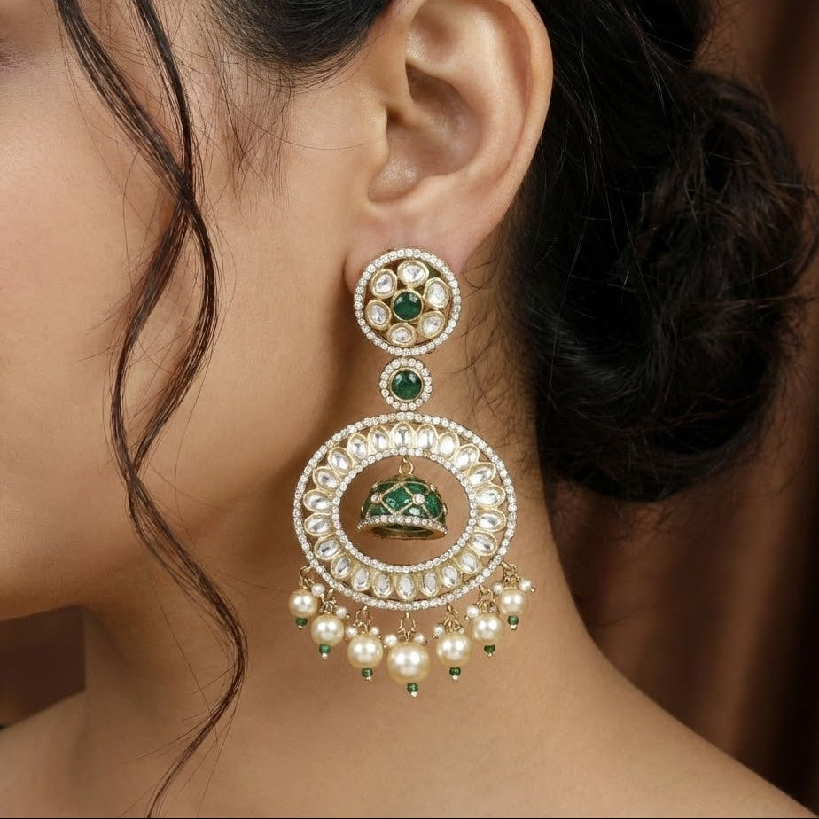 Victorian Polished Designer White & Green Stone Earrings