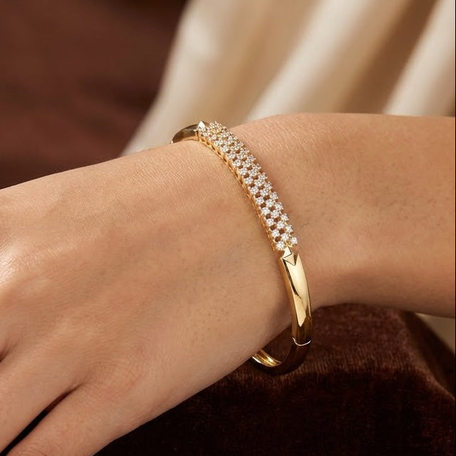 Gold Triple-Row Pave Diamond Bangle  Bracelet