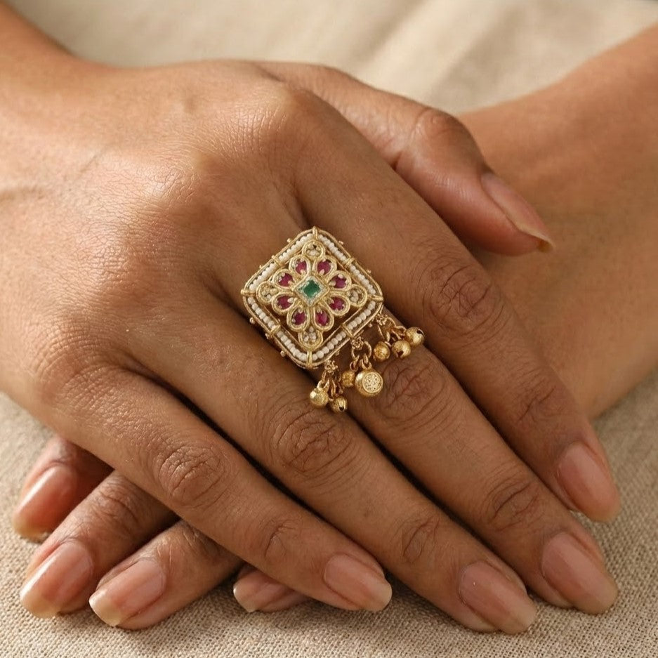 Traditional Gold-Plated Square Ring with Ruby, Emerald & Pearl Accents