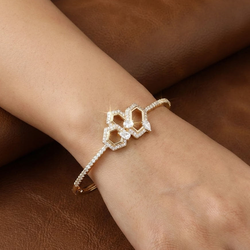 Modern Hexagon Honeycomb Bangle in Gold Tone with Pear-Cut Accents