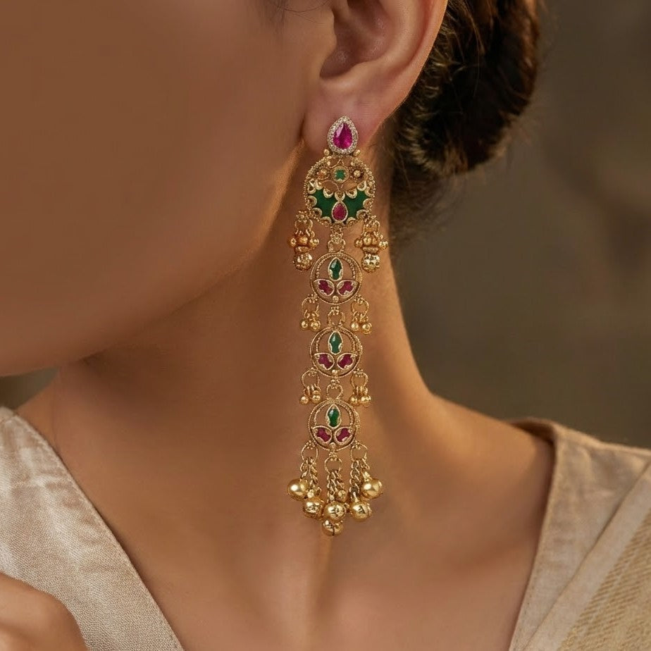 Elegant Multilayered Antique Gold Earrings with Ruby and Emerald Accents