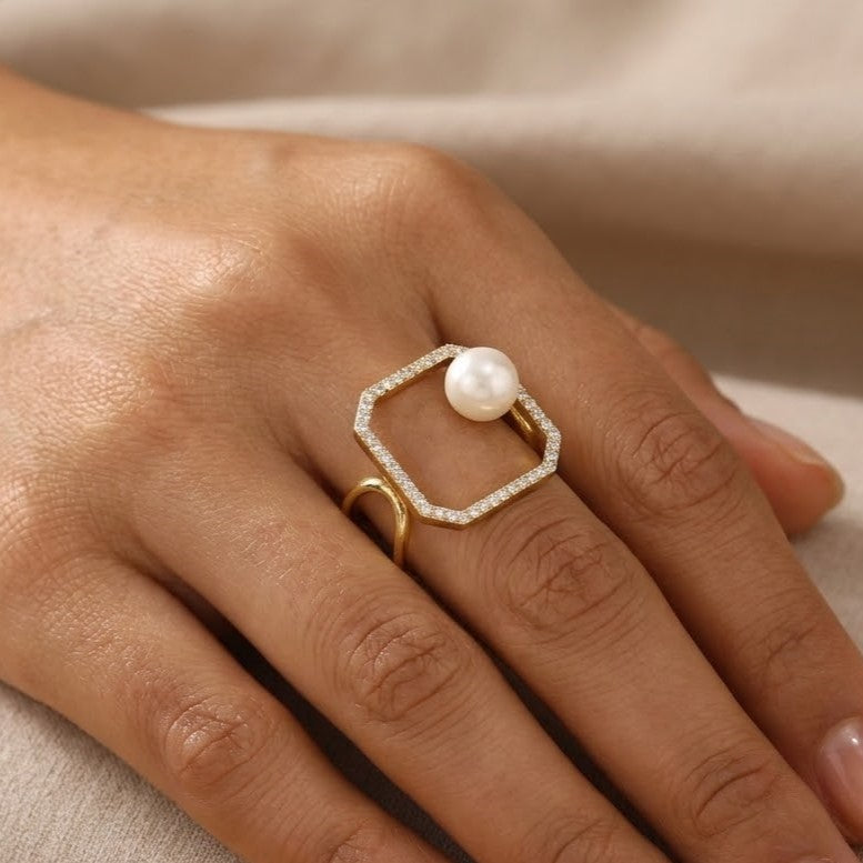 Contemporary Geometric Pearl & Crystal Halo Statement Ring
