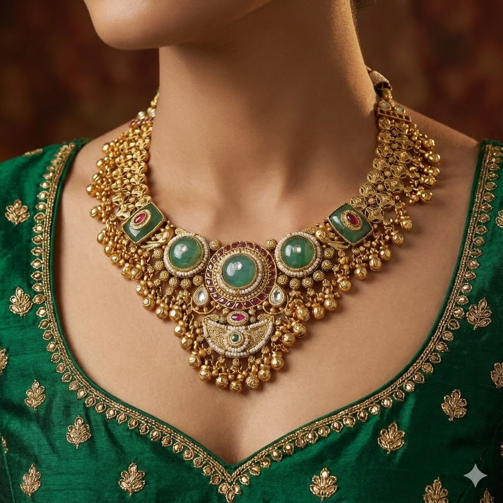 Antique Gold Plated Kemp & Emerald Green Stone Necklace Set