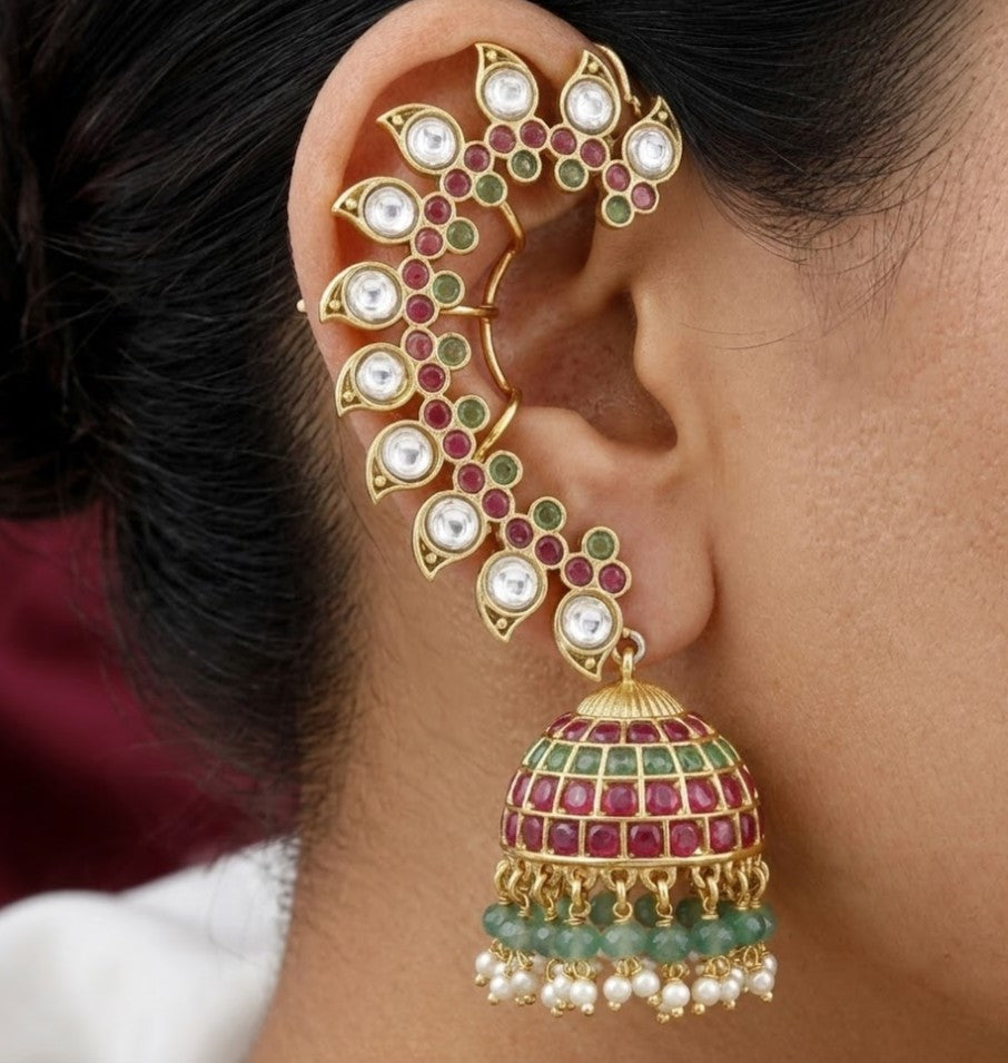 Traditional Ruby & Emerald Kundan Jhumka Ear Cuffs