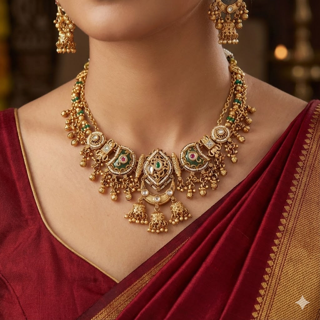 Antique Gold Multi-Strand Necklace with Emerald Bird Pendant Set