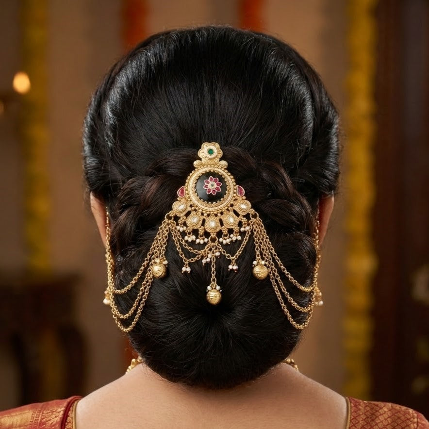 Antique Gold Lakshmi Temple Hair Brooch with White Stones & Pearls