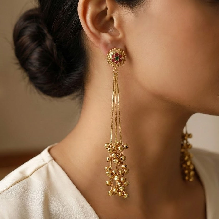 Antique Gold-Finish Long Dangle Earrings with Stone-Studded Floral Tops