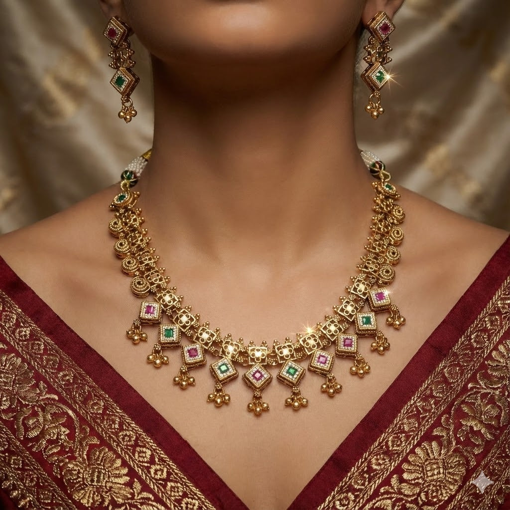 Antique Gold-Plated Multi-Color Stone Choker Necklace Set with Drop Earrings