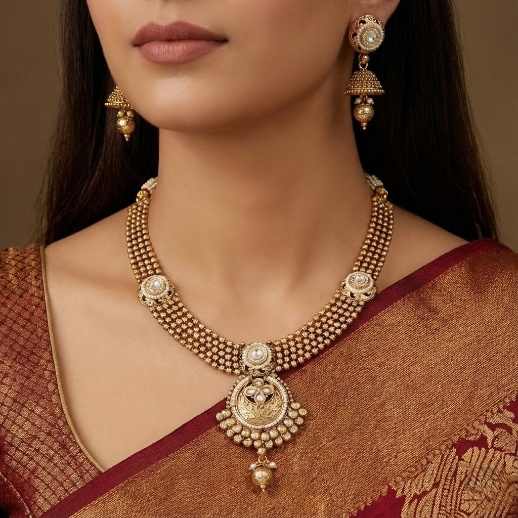 Antique Gold-Plated Beaded Necklace Set with Jhumka Earrings