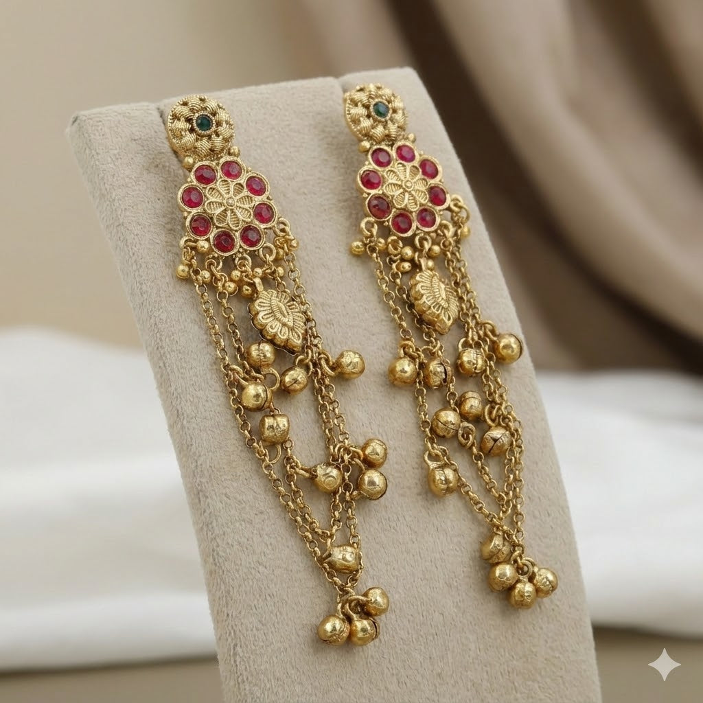 Antique Gold Ruby Floral Cascading Earrings with Ghungroo