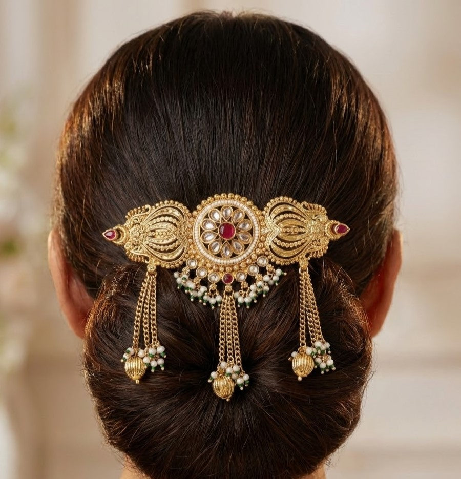 Antique Gold Floral Temple Hair Pin with Ruby Stone & Pearl Drapes