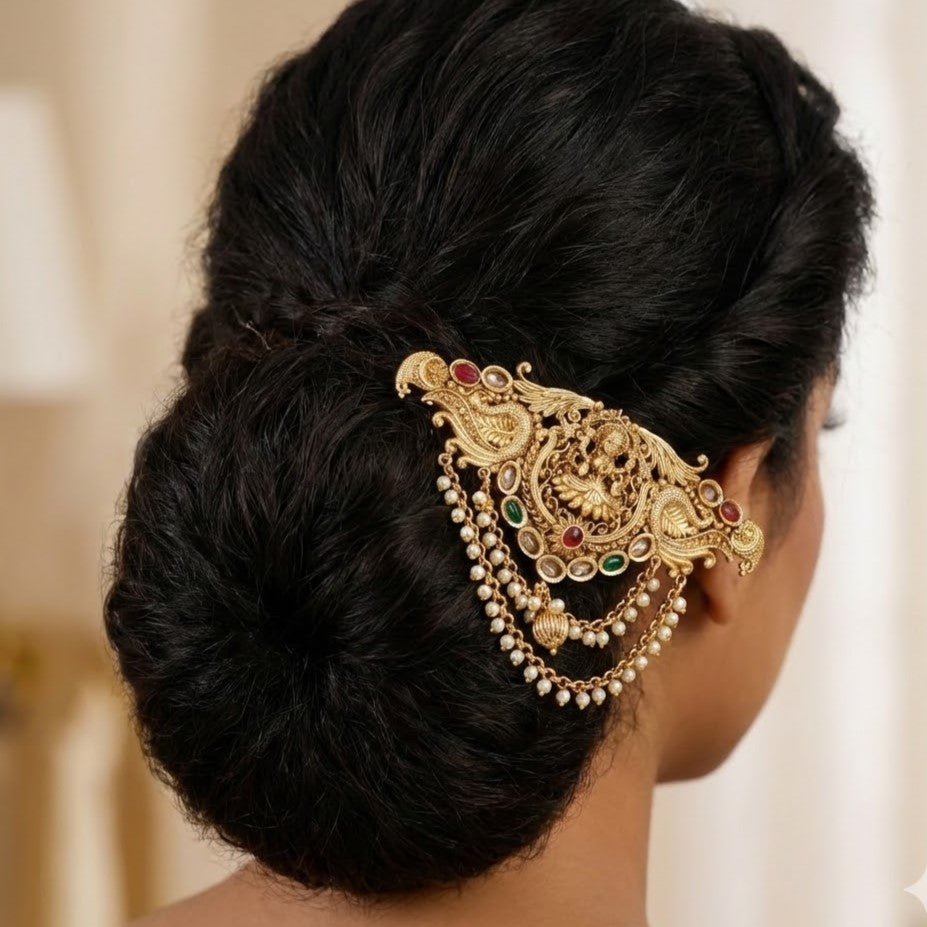 Antique Gold Temple Jewelry Hair Ornaments with Ruby and Emerald Accents