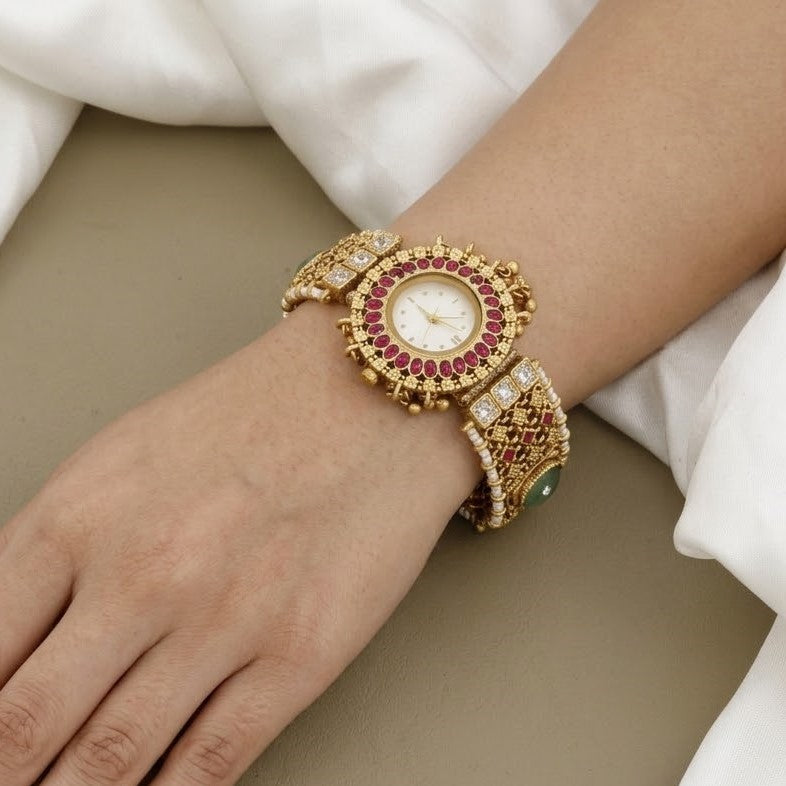 Antique Gold Ornate Bracelet Watch with Rubies and Emeralds