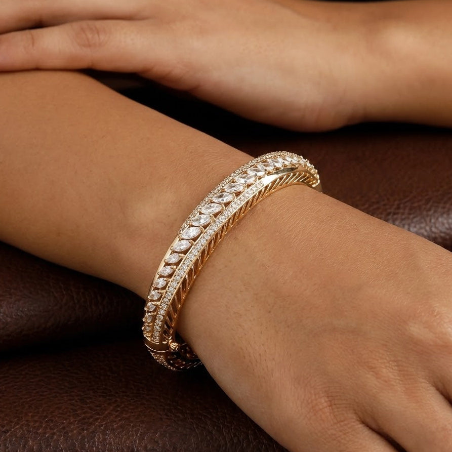 Gold-Tone Marquise Crystal Bangle with Textured Chevron Detailing