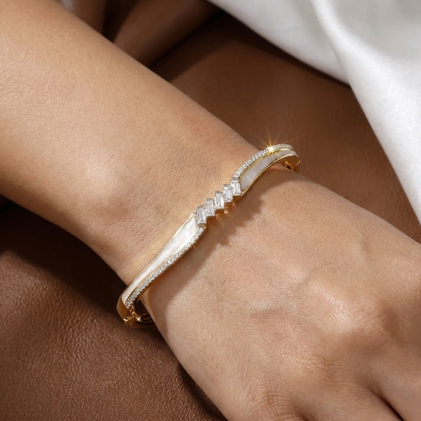 Gold Chevron Diamond Bangle with Baguette Accents