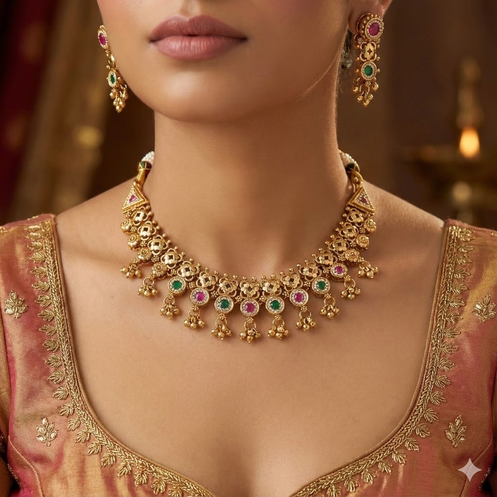 Traditional Gold-Plated Kundan Necklace Set with Pink & Green Accents