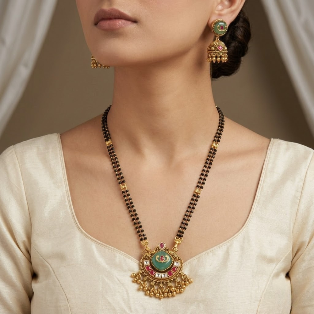 Traditional Gold Mangalsutra Set with Green Stone & Jhumkas