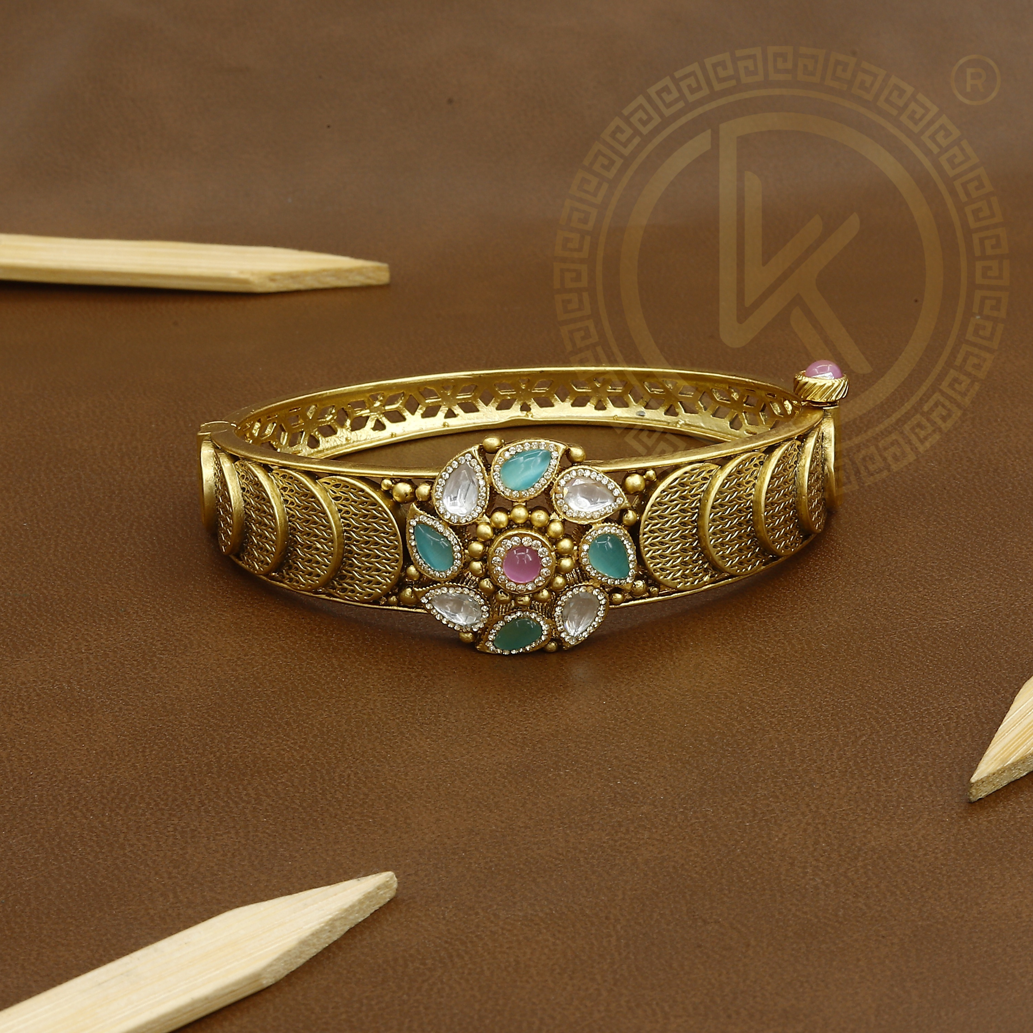 Vintage Style Hand Antique Kada with Colored Stones