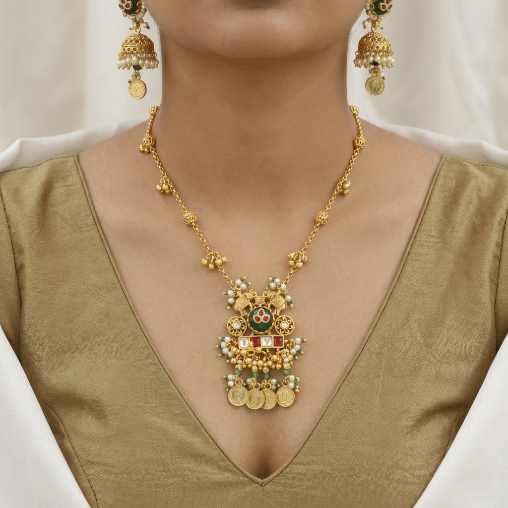 Traditional Gold-Plated Jhumka & Medium Necklace Set