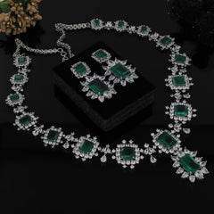 Green Square Stone Diamond Necklace Set