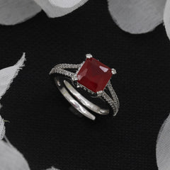 Square Red Stone Diamond Free Size Ring