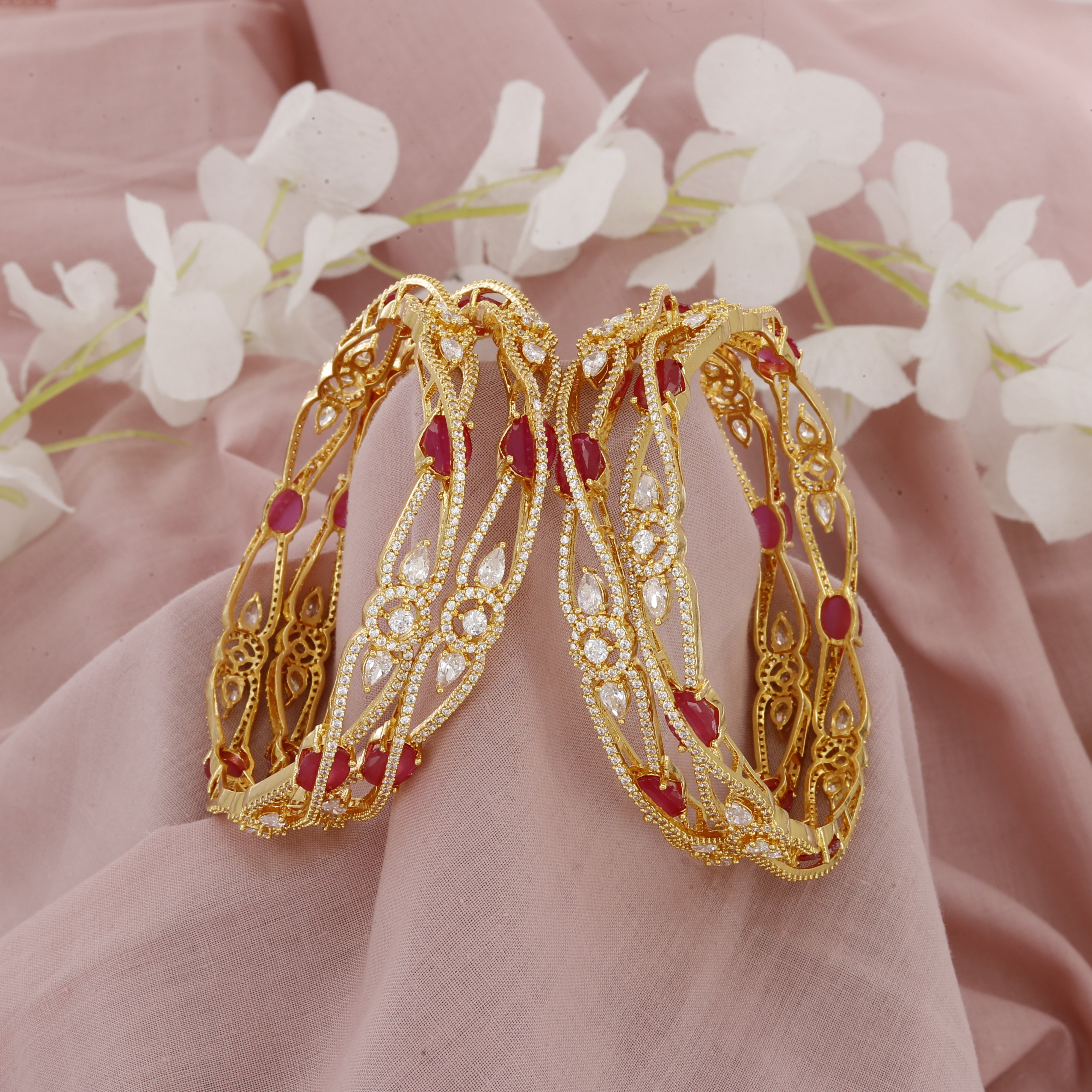 White Diamond And Red Stone Bangles