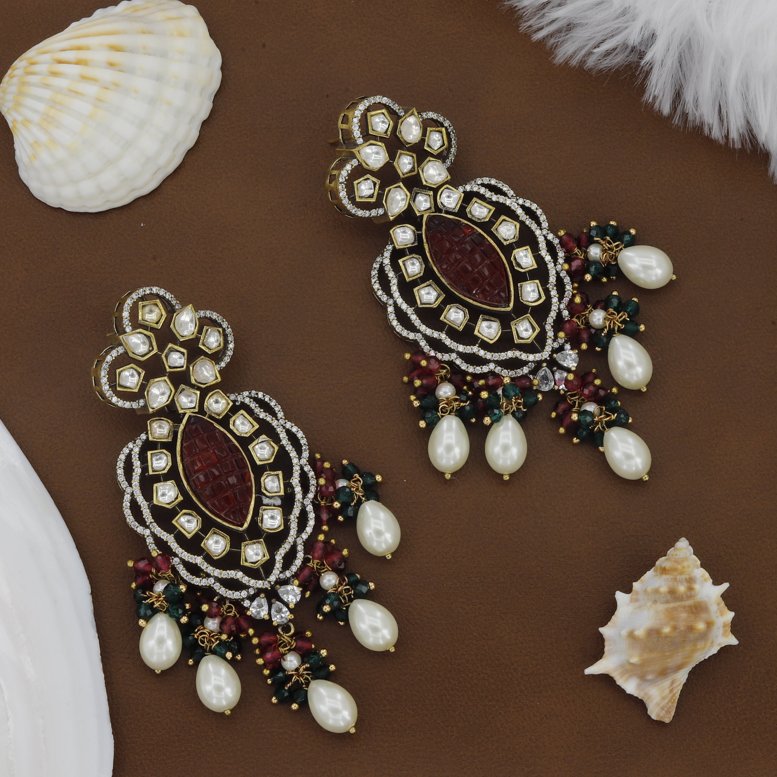 Ruby Color Diamond Moti Set With Latkan