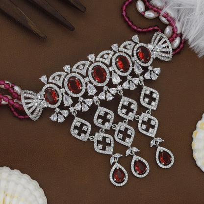 Silver Diamond Choker Set With Red Stone