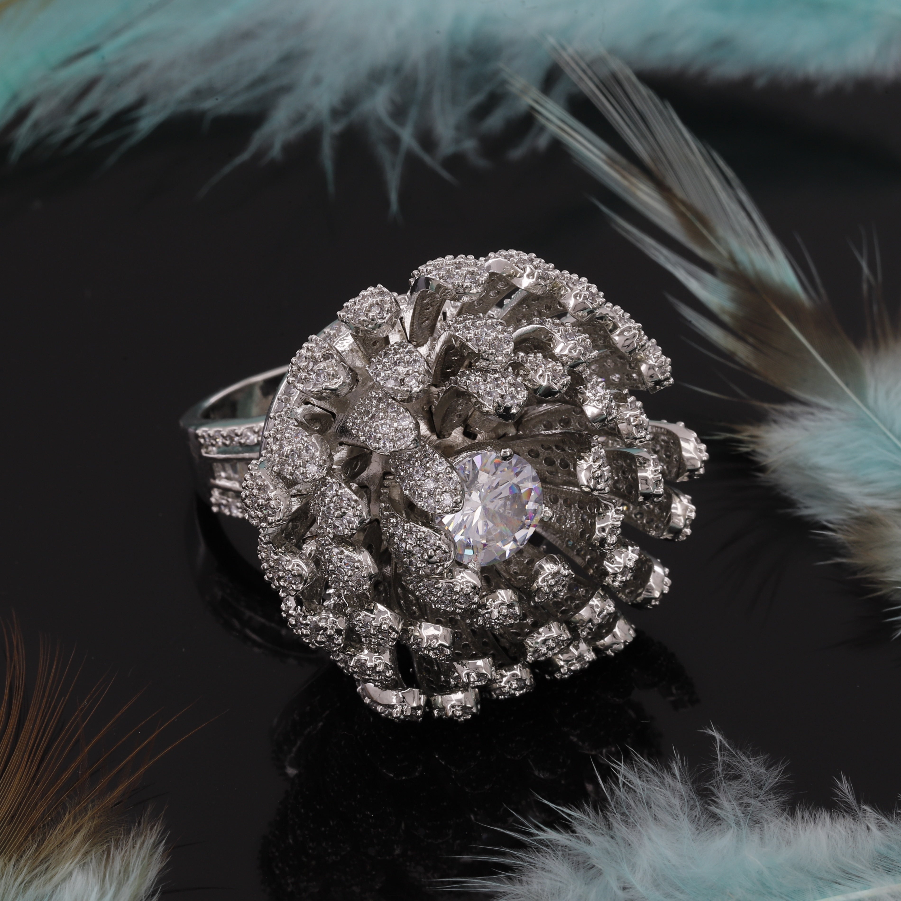 Lotus Flower Design Silver Diamond Ring
