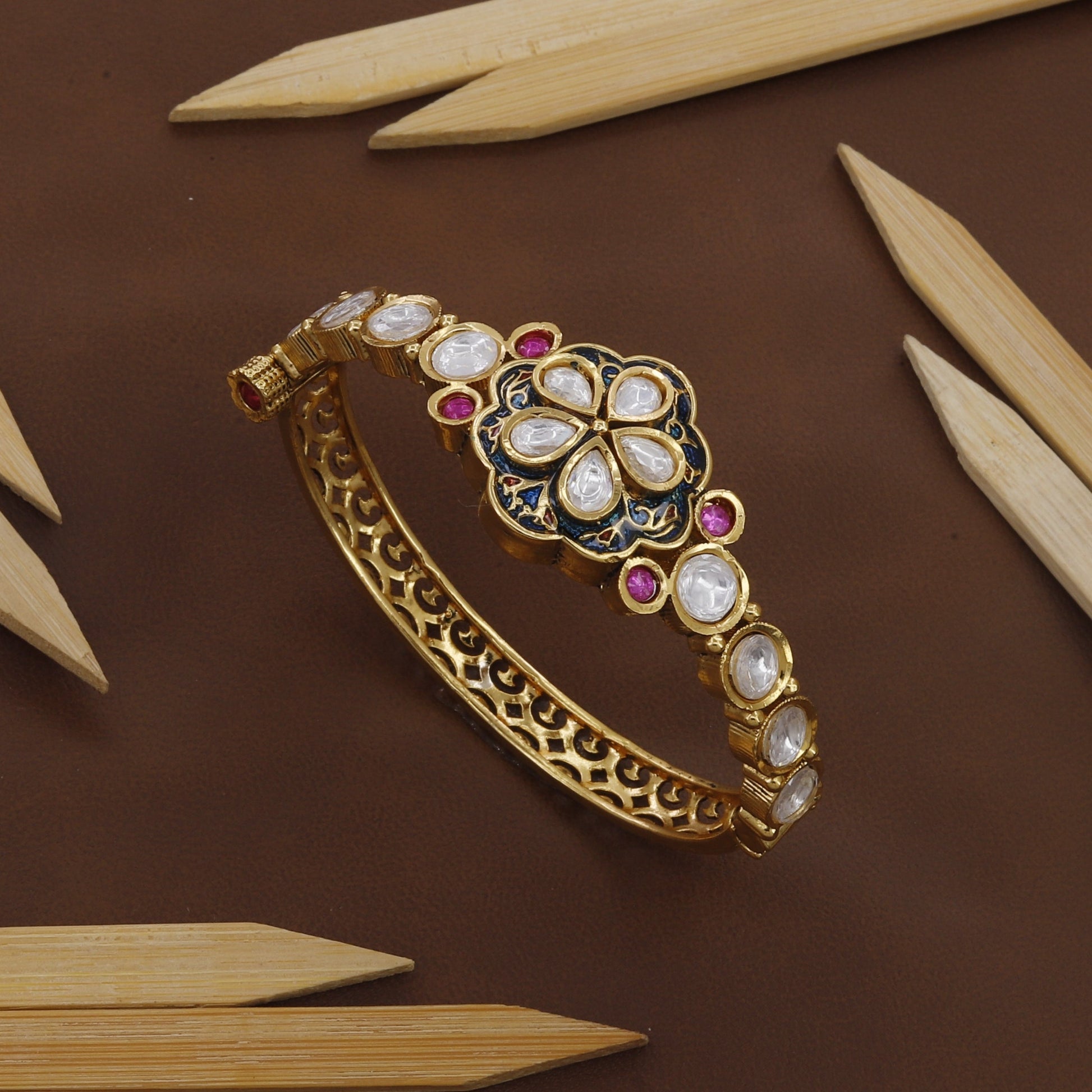 Marquise Cut Kundan Flower Design Bangle Kada