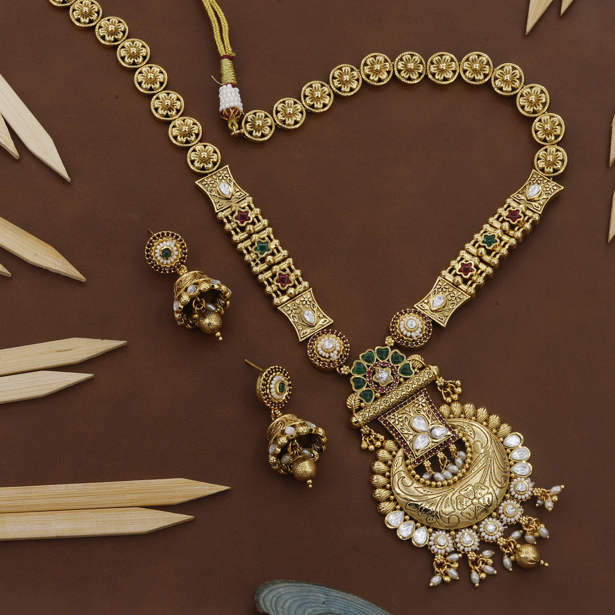 Kundan Long Necklace Set With Earrings
