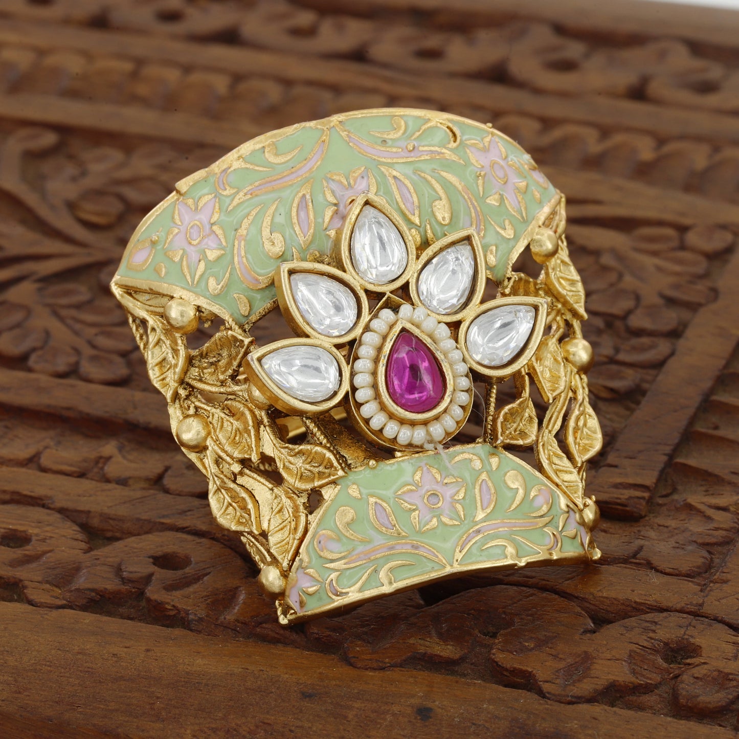 Broad Kundan Finger Ring For Women