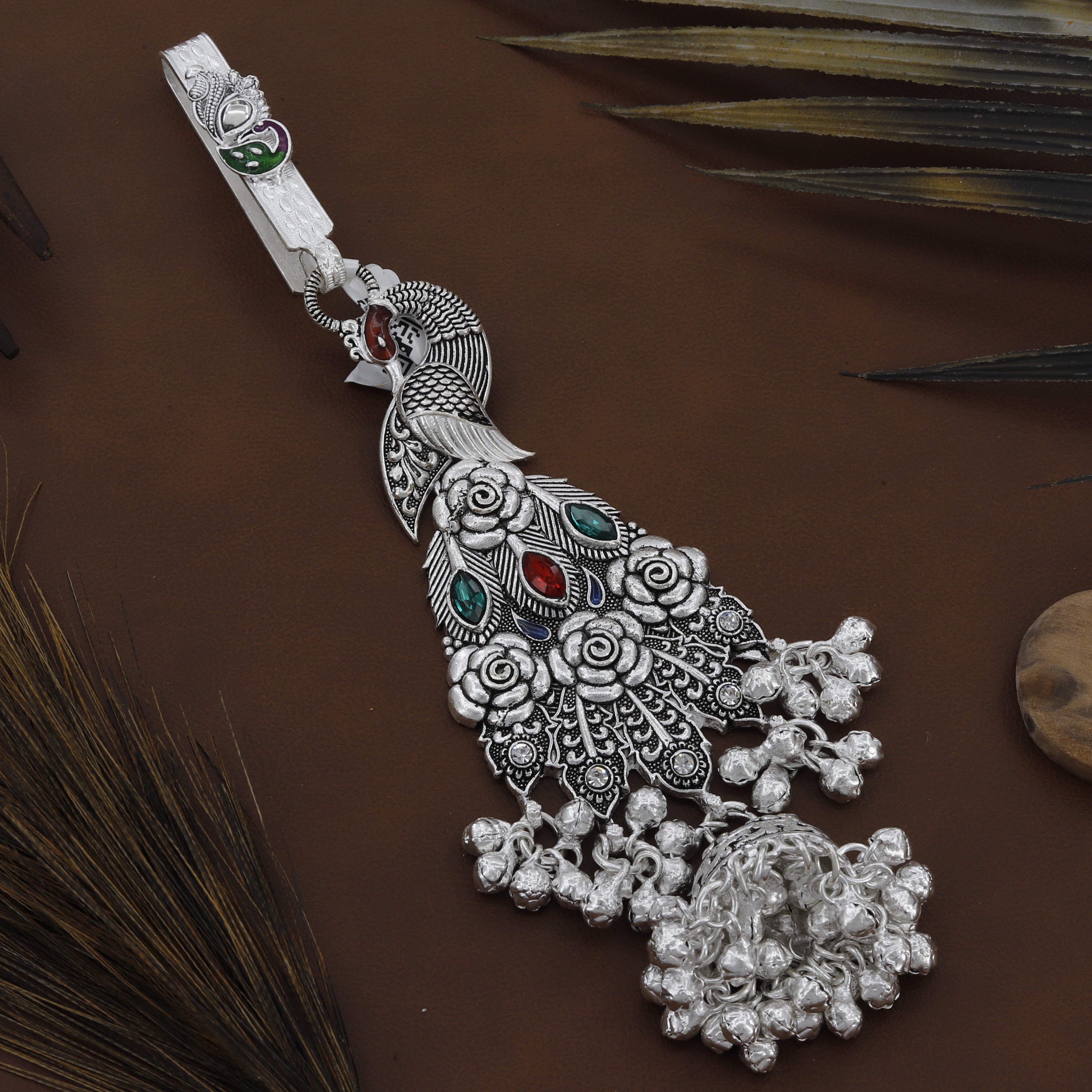 Multi Colour Stone Peacock Design Silver Juda