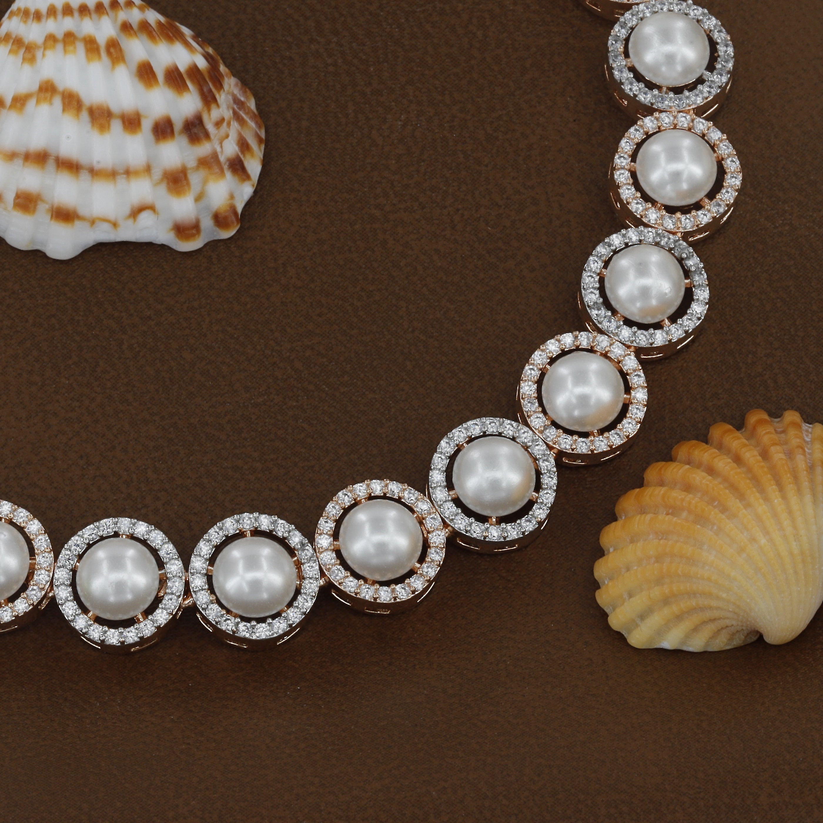 Round Pearl Rosepolished Diamond Necklace