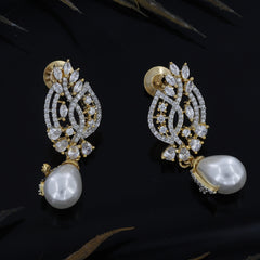 Gold Tone Diamond Earrings With Perl