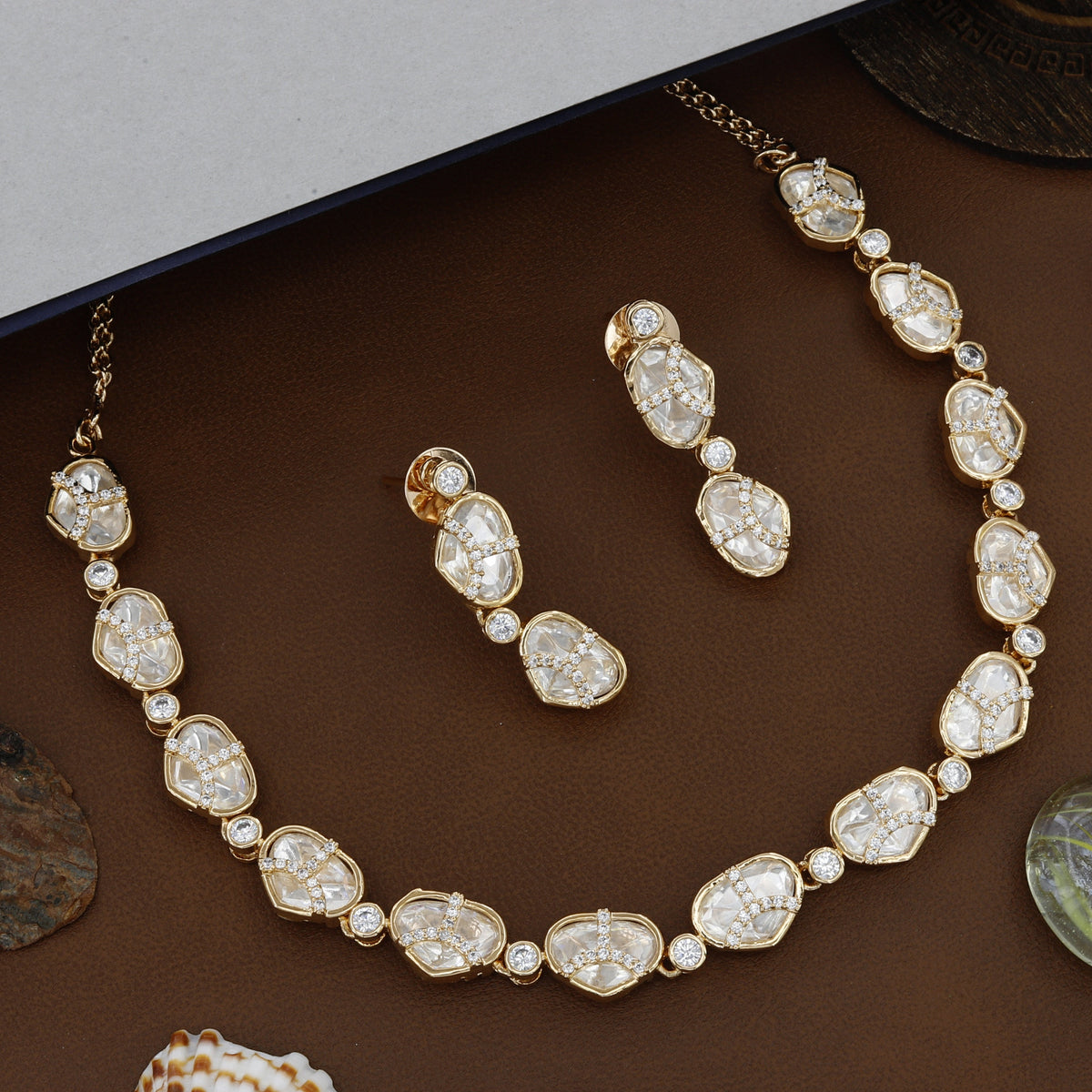 Antique Polki Necklace Set With Earrings