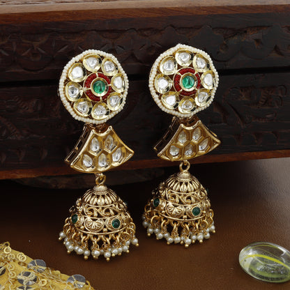 Antique Kundan Long Necklace With Jumkhas