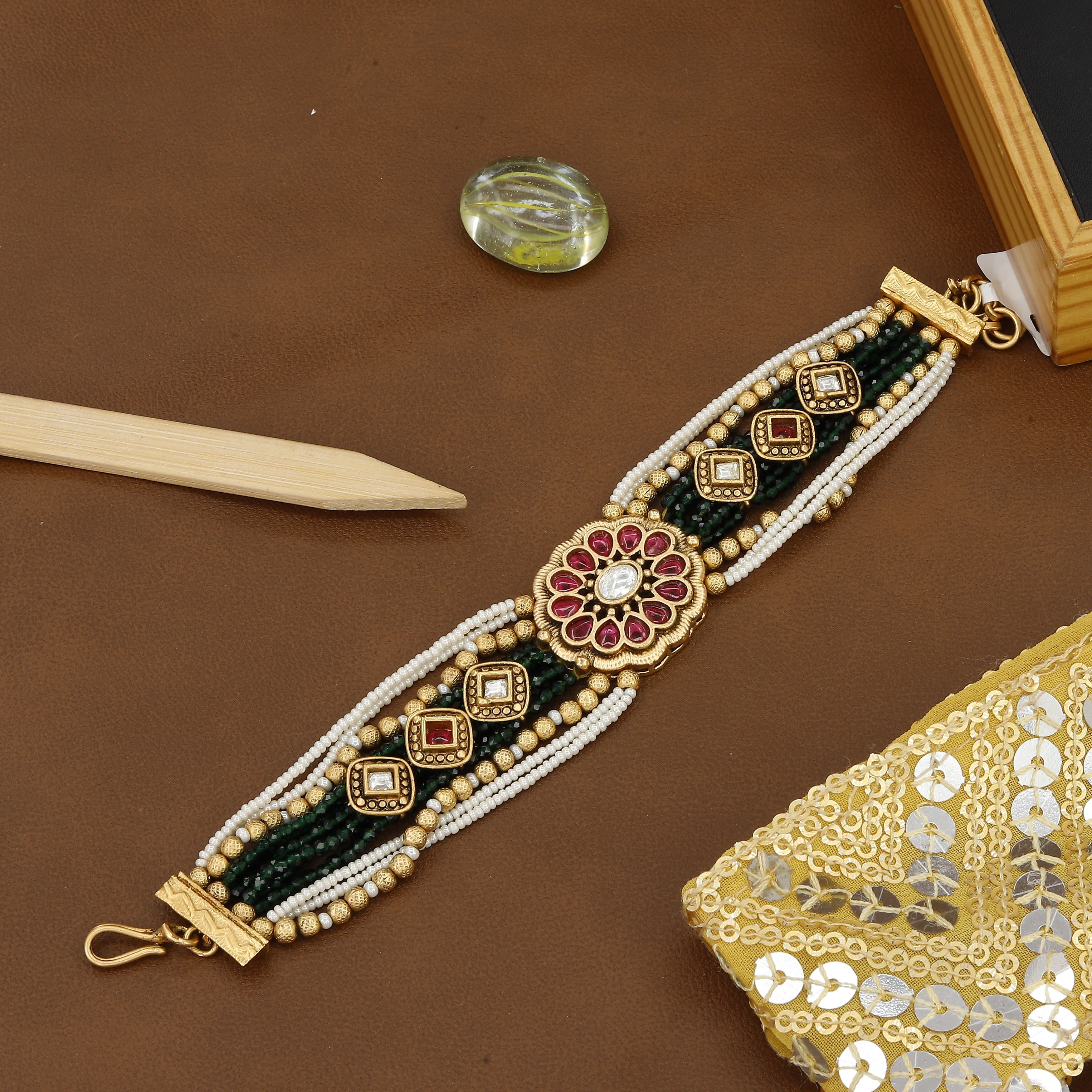 Antique Green Moti Loose Bracelet For Wedding
