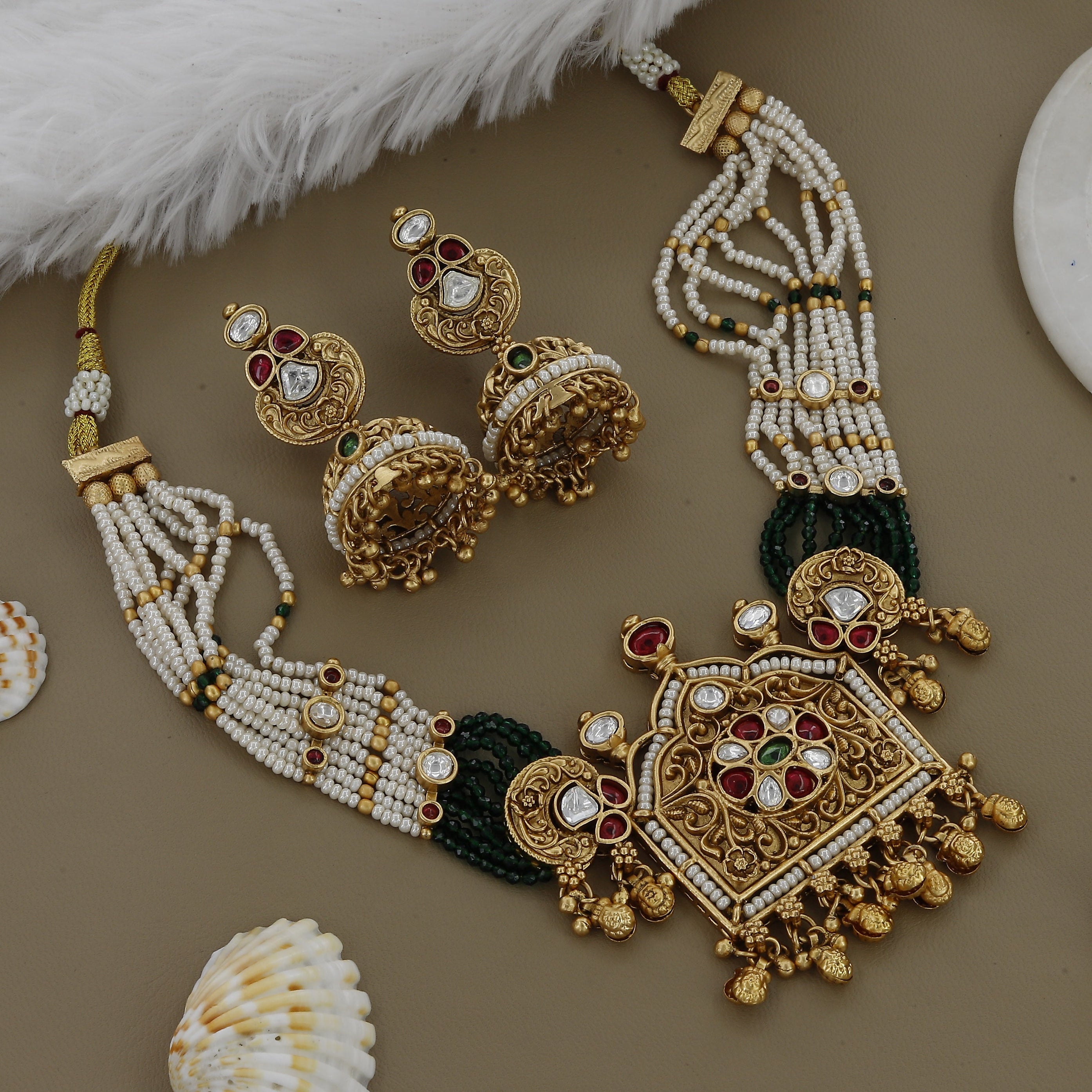 Anitque Moti Choker Set With Big Jumkhas